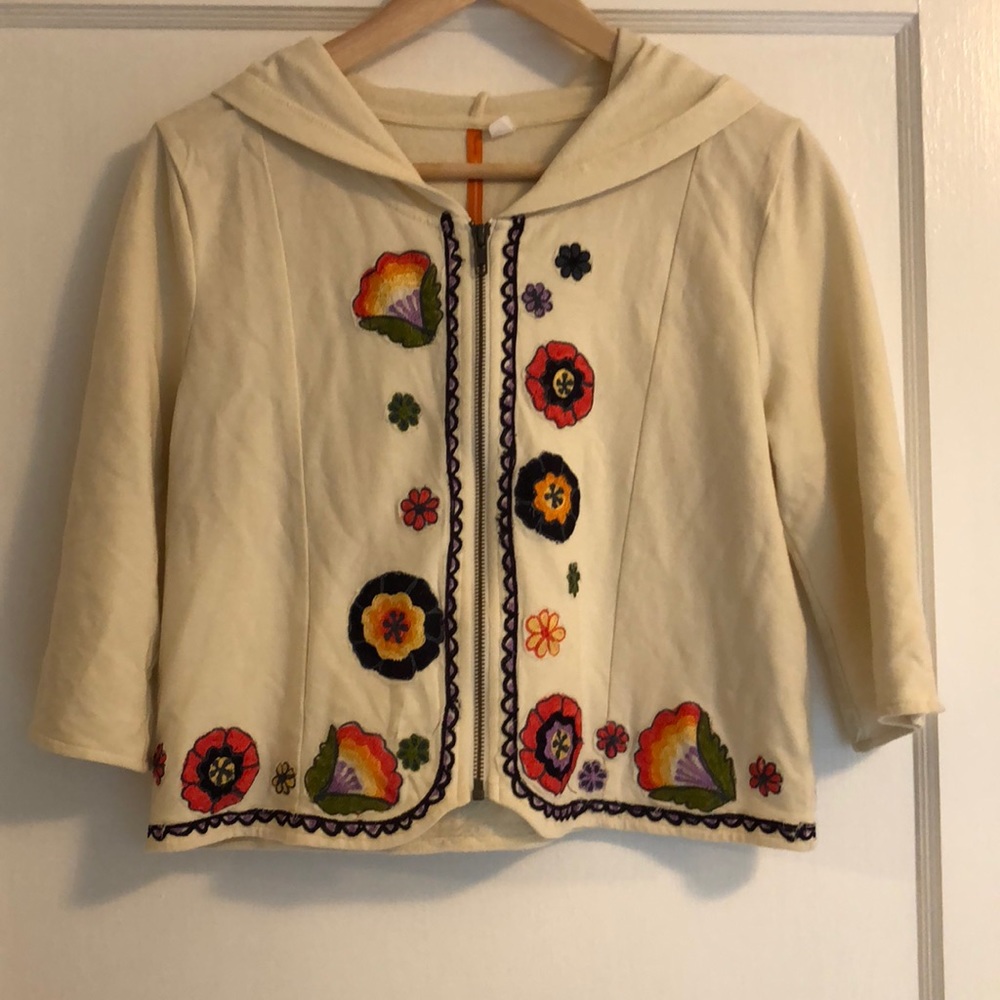 Anthropologie Cream embroidered cropped hoodie